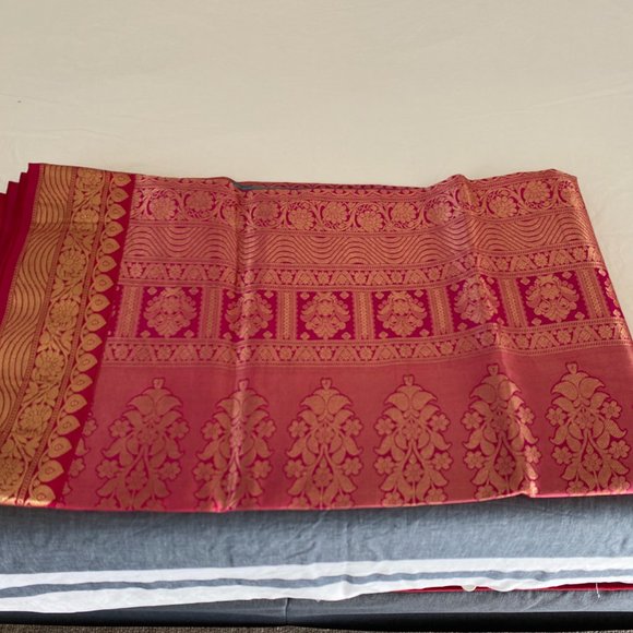 Green Blue Pure Silk Saree with Pink border - Picture 2 of 4